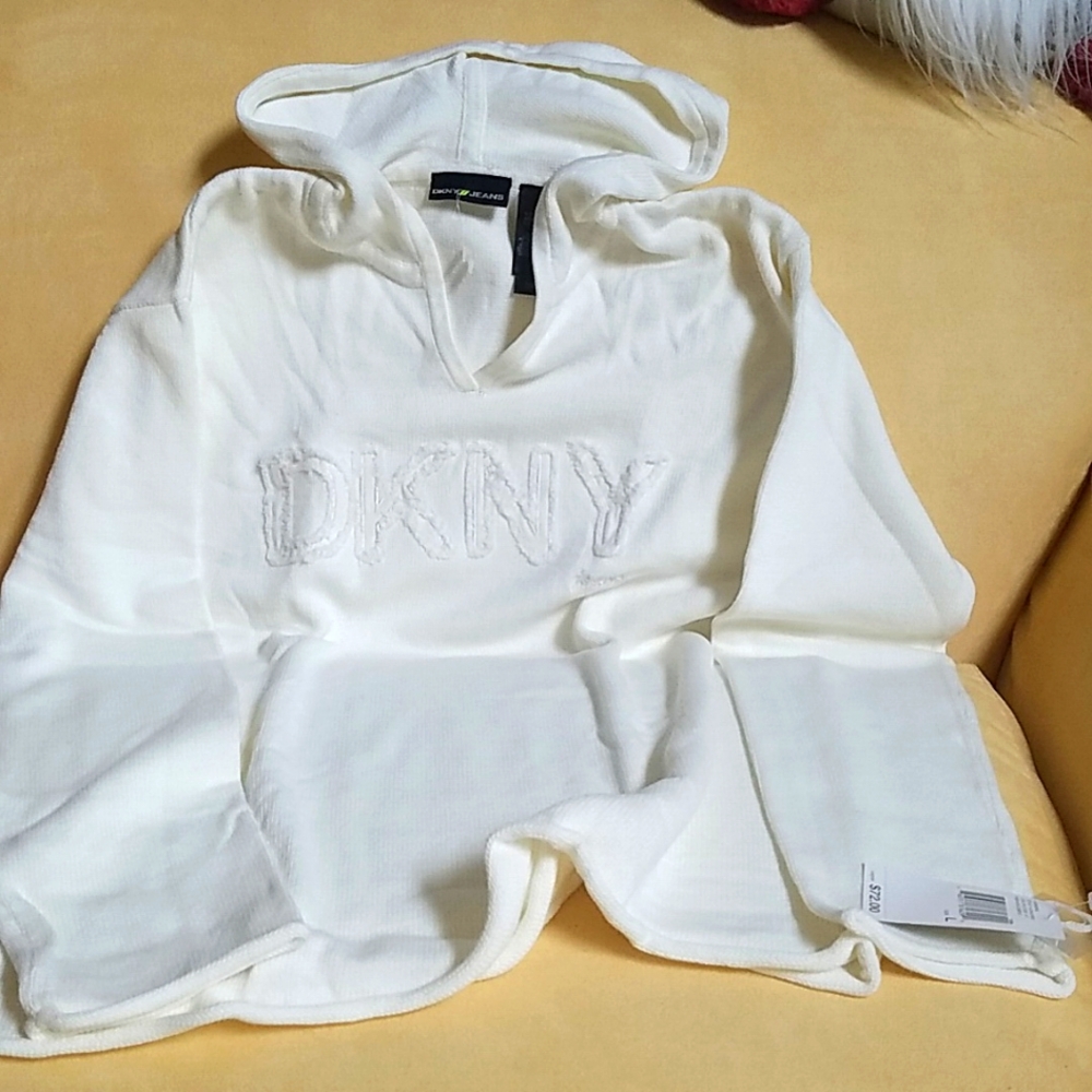 DKNY cream knit hooded sweater size large